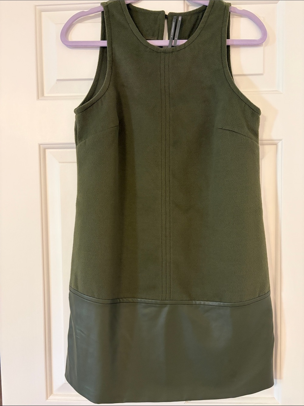 Anthropologie Sleeveless Olive Green Shift Dress with Faux Leather Hem